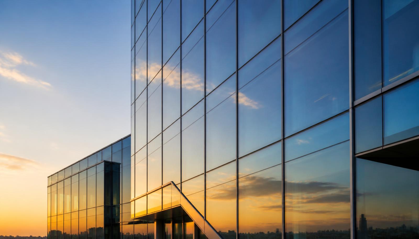Glass headquarters of a verified employer at golden hour